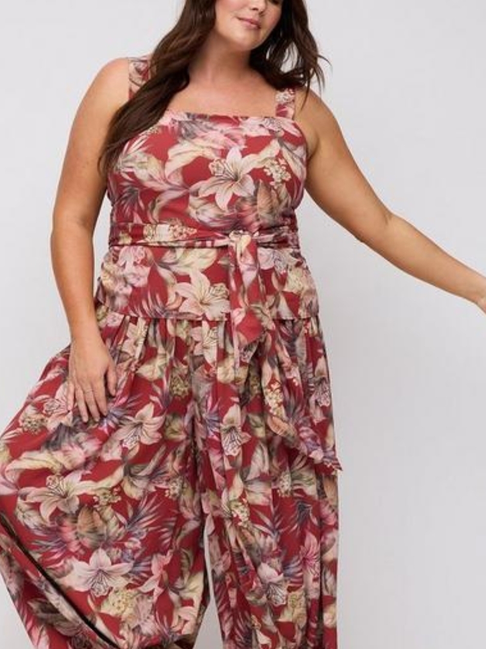 Floral Wide-Leg Pants And Matching Top With Sash